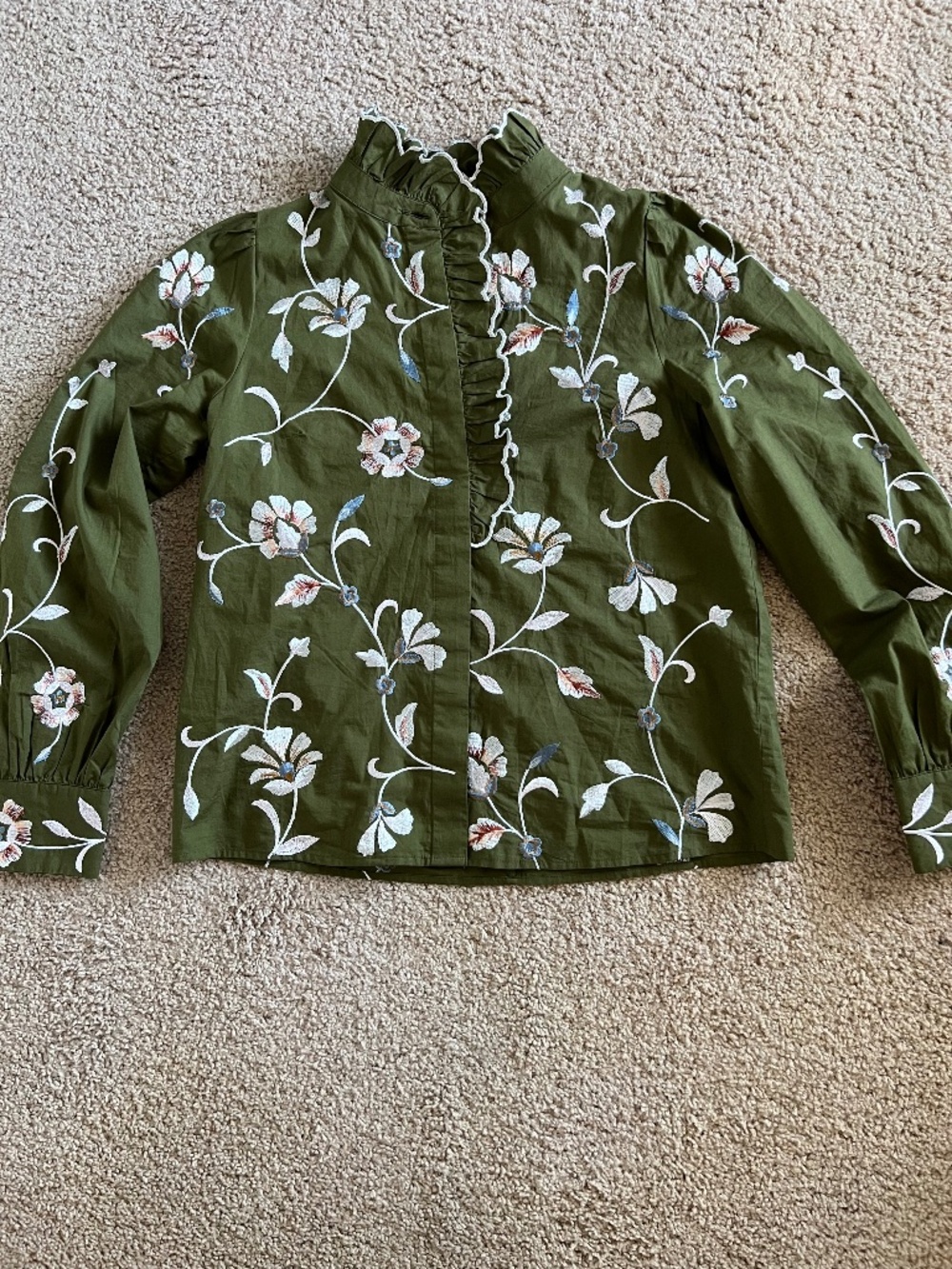 Sezane Coline Shirt Multicoloured Flowers On Khaki Background - Size 4